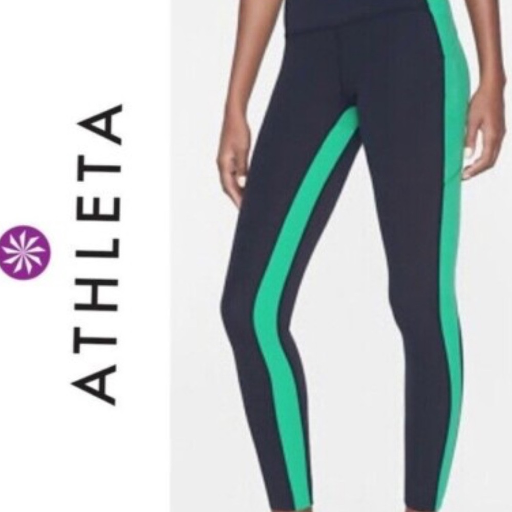 High waisted Athleta leggings with side pocket - navy blue with green stripe